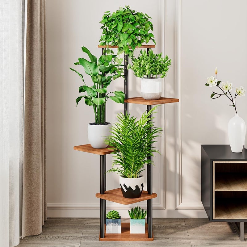 AZERPIAN Plant Stand 5 Tier Indoor Metal Flower Shelf for Multiple Plants Corner Tall Flower Holders for Patio Garden Living Room Balcony Bedroom, Walnut (5 Tier-Walnut) - Image 2