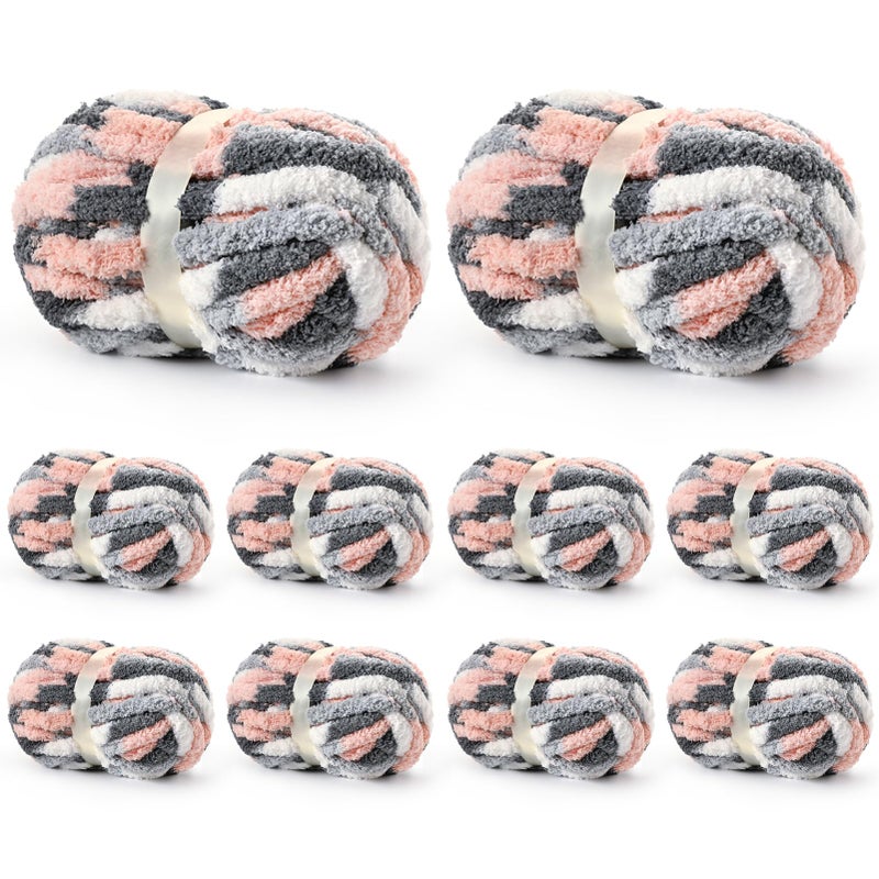 OMoiut 10 Pack Jumbo Chunky Yarn for Hand Knitting, Fluffy Variegated Chunky Chenille Yarn for Crocheting, 240yds/70.5oz Super Bulky Soft Crochet Baby Blanket Yarn(Dark Grey-Pink-White) - Image 1