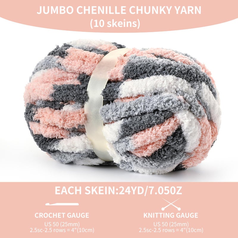 OMoiut 10 Pack Jumbo Chunky Yarn for Hand Knitting, Fluffy Variegated Chunky Chenille Yarn for Crocheting, 240yds/70.5oz Super Bulky Soft Crochet Baby Blanket Yarn(Dark Grey-Pink-White) - Image 2
