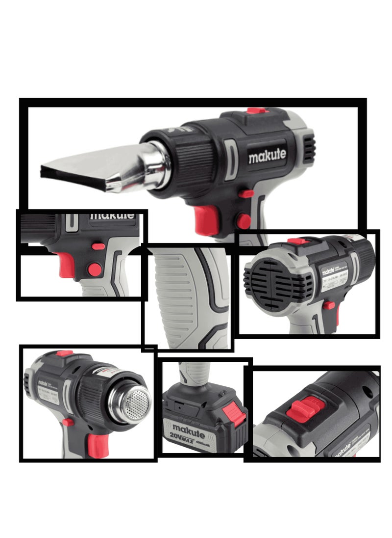 makute Heat Gun CHG002-B - Cordless Hot Air Gun with 300-500ºC Temperature Range, 120-210L/min Air Flow, 20V Brush Engine, 4000mAh Battery, Fast Heating, Overheating Protection  - Image 5