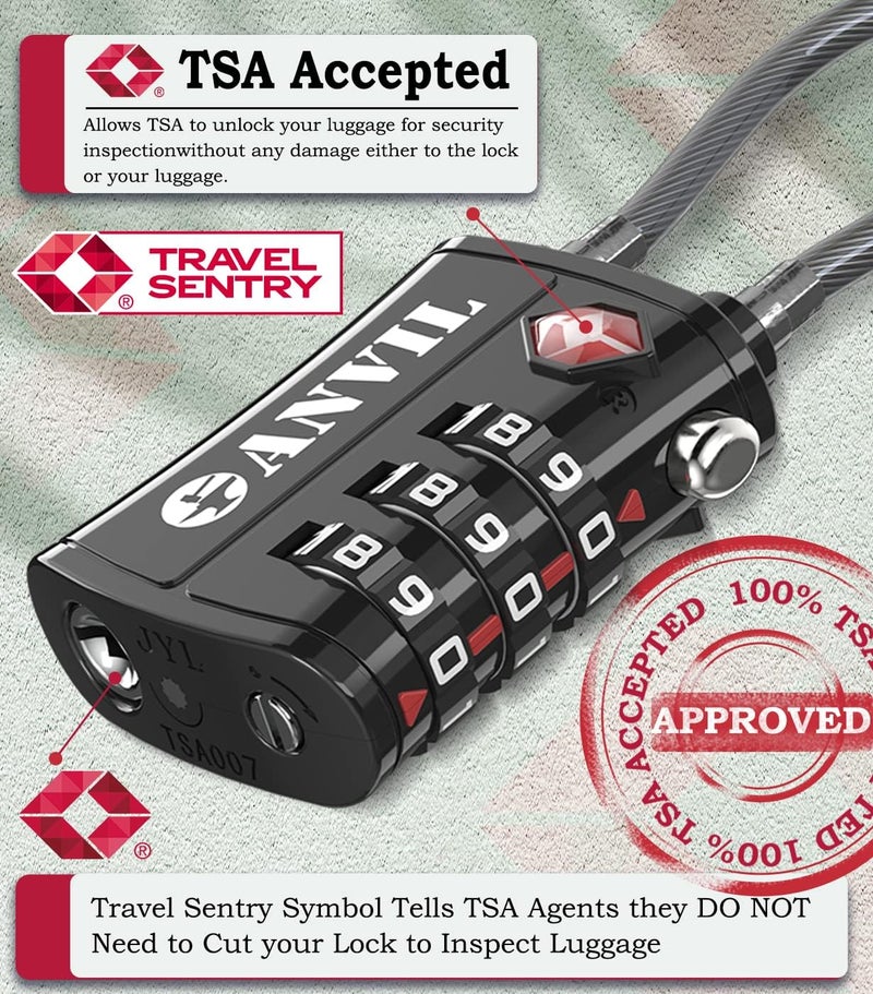 Anvil TSA Locks for Luggage – TSA Approved Cable Travel Lock with Zinc Alloy Body, 3-Digit Combination Lock for Suitcases, Backpacks, Gun Cases, Zippers - Image 1