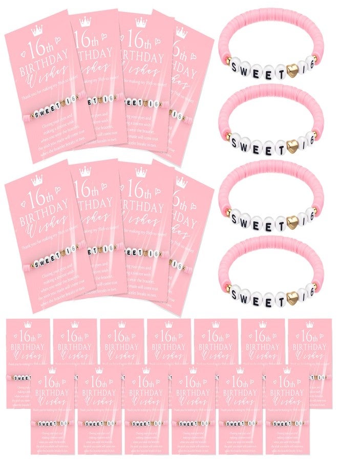 Tondiamo 25 Sets Sweet 16 Birthday Gift for Guests Pink Sweet 16th Polymer Clay Beaded and Heart Bead Stretch Bracelets with Wish Cards 16 Years Birthday Party Favor for Friends Guests - Image 1
