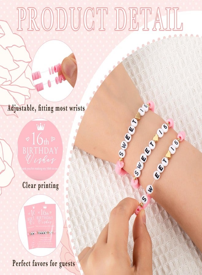Tondiamo 25 Sets Sweet 16 Birthday Gift for Guests Pink Sweet 16th Polymer Clay Beaded and Heart Bead Stretch Bracelets with Wish Cards 16 Years Birthday Party Favor for Friends Guests - Image 3