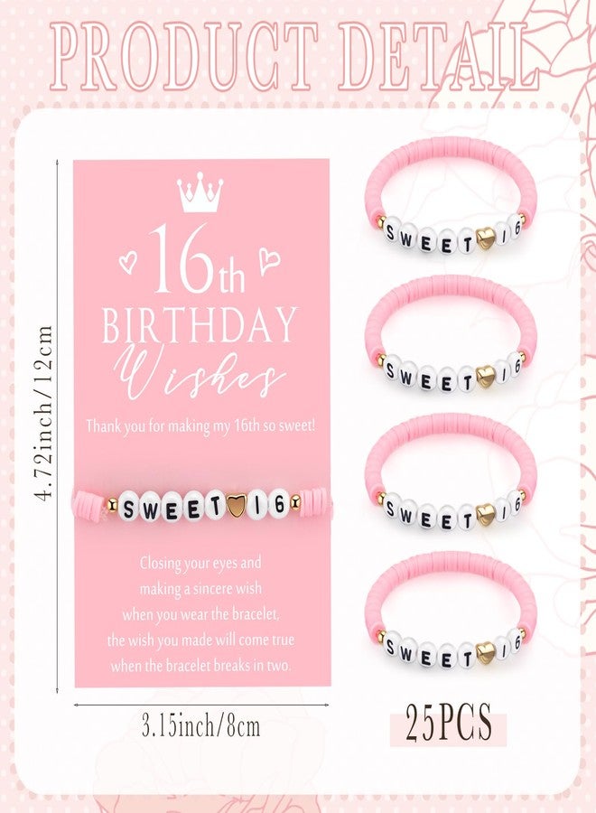 Tondiamo 25 Sets Sweet 16 Birthday Gift for Guests Pink Sweet 16th Polymer Clay Beaded and Heart Bead Stretch Bracelets with Wish Cards 16 Years Birthday Party Favor for Friends Guests - Image 2