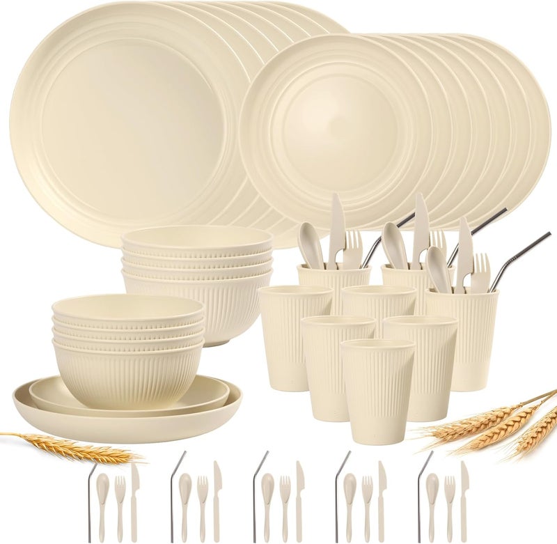 Dotpilgo 64PCS Wheat Straw Dinnerware Set for 8 BPA Free Kitchen Unbreakable Set for Home Outdoor Camping - Image 1