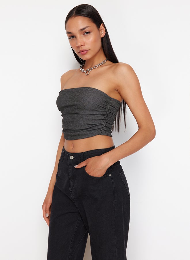 trendyol Premium Anthracite Strapless Gathered Stretchy Knitted Blouse  - Image 3