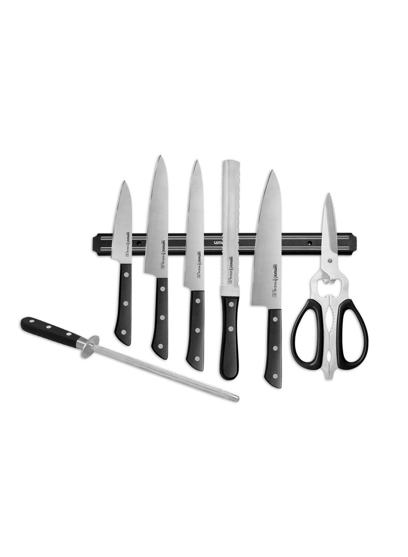 Samura Harakiri Super 8‑Piece Kitchen Knife Set | Japanese AUS‑8 Stainless Steel | Chef, Bread & Slicing Knives | Utility & Paring Knife, Scissors, Sharpener & Magnetic Holder | Black ABS Handles - Image 1