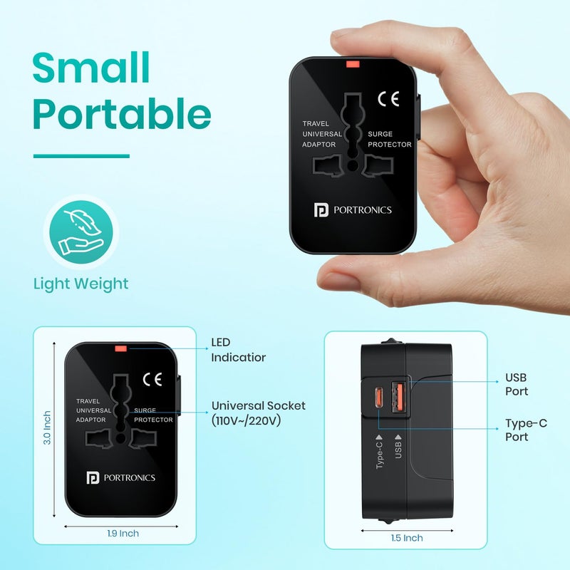 Portronics Juicemate Universal Travel Adapter with 20W Type C PD 18W USBA Output Port All in One International Travel Fast Charging Adapter Suitable for 200 Countries USUKEUAUSEtcBlack - Image 2