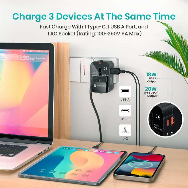 Portronics Juicemate Universal Travel Adapter with 20W Type C PD 18W USBA Output Port All in One International Travel Fast Charging Adapter Suitable for 200 Countries USUKEUAUSEtcBlack - Image 4