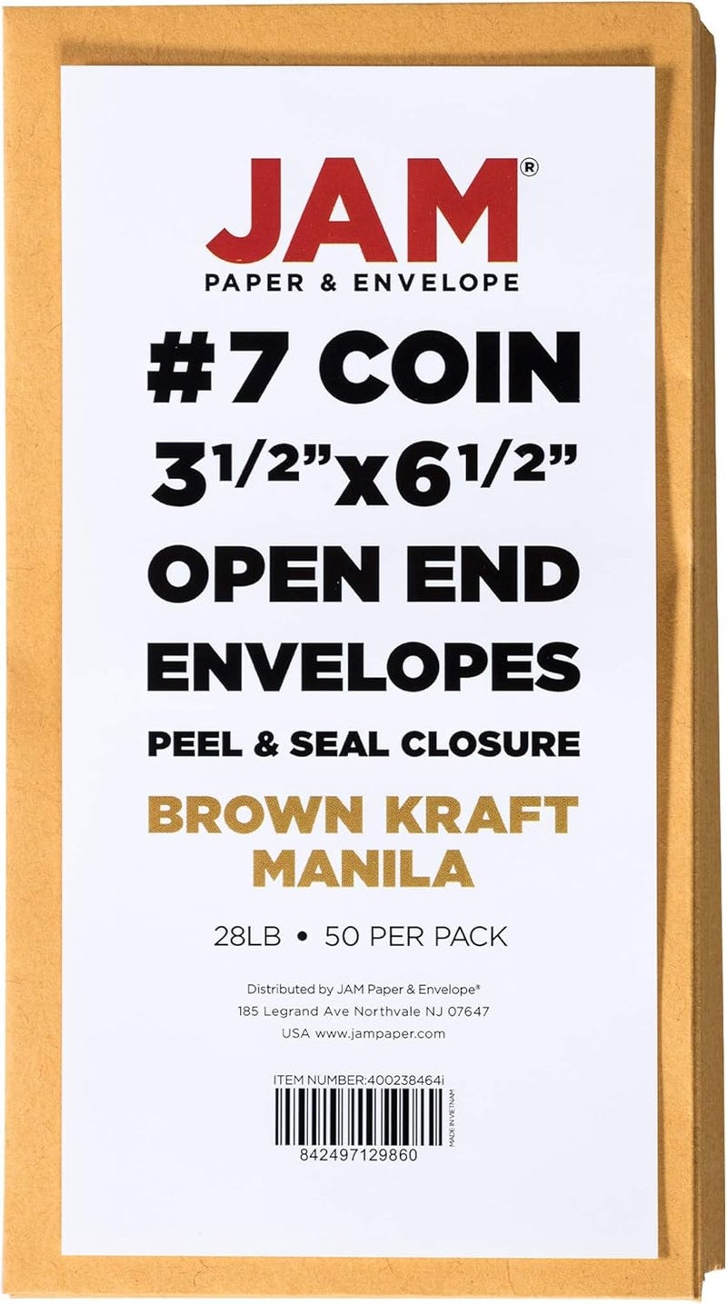 JAM Paper #7 Coin Business Envelopes with Peel and Seal Closure - 3 1/2 x 6 1/2 - Brown Kraft Manila - 50/Pack - Image 2