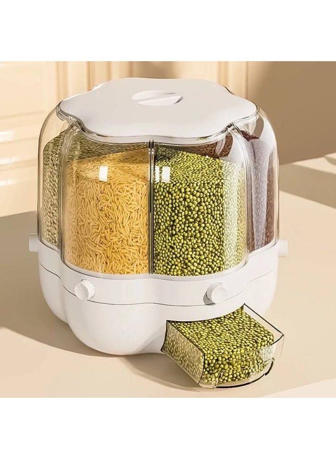 Crystal acrylic legume dispenser with 6 openings, holds up to 15 kg, with buttons for dispensing granules and equipped with a drawer.