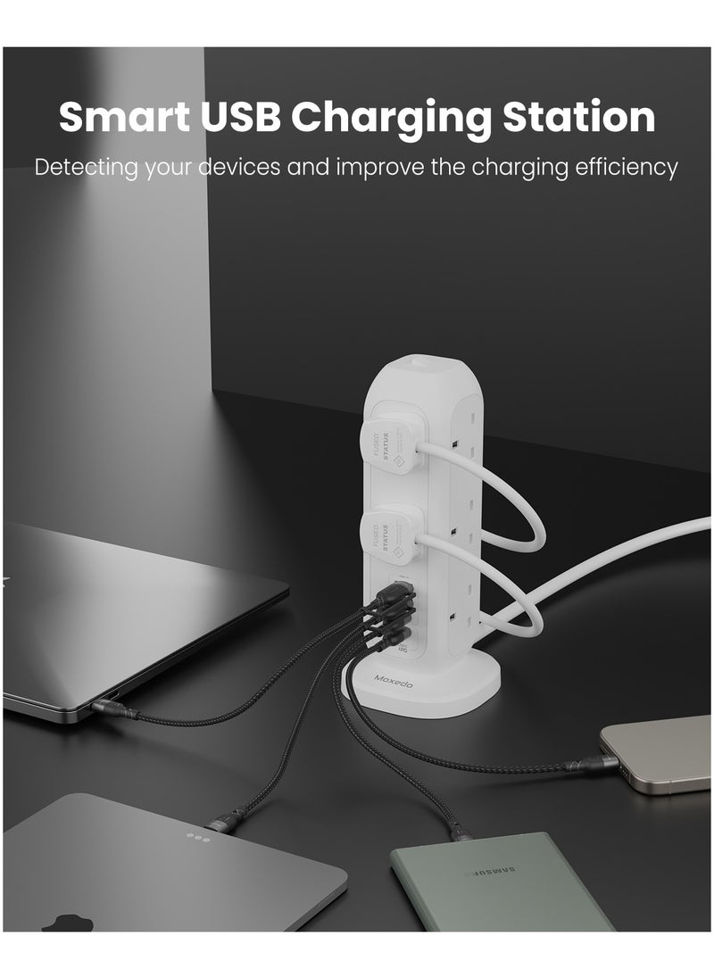 Moxedo Moxedo Smart-Hub Tower Power Strip Surge Protector 15 in 1 Electric Outlet Power Extension, 11 AC Sockets + 2 USB-C Ports + 2 USB-A Ports 20W PD 3.0 3250W with 2 Meters Cable Length  - Image 3