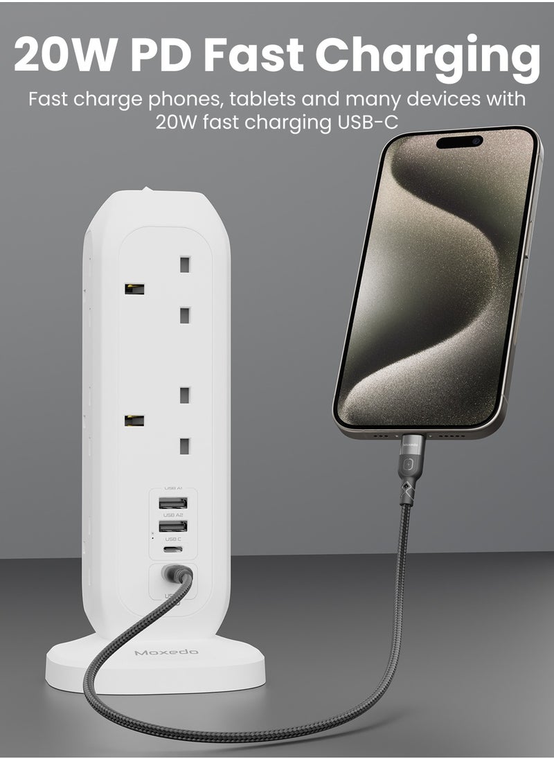 Moxedo Moxedo Smart-Hub Tower Power Strip Surge Protector 15 in 1 Electric Outlet Power Extension, 11 AC Sockets + 2 USB-C Ports + 2 USB-A Ports 20W PD 3.0 3250W with 2 Meters Cable Length  - Image 5