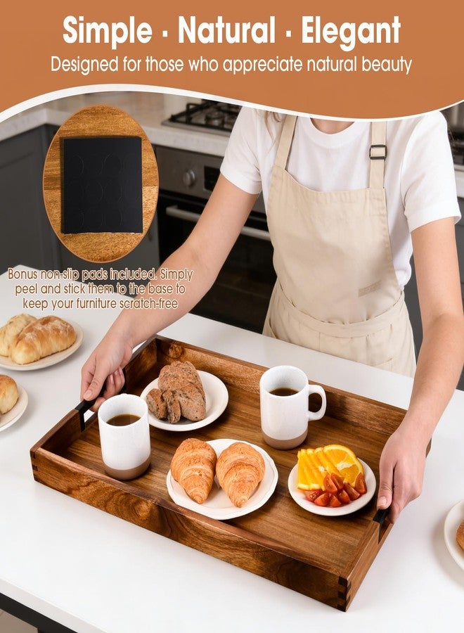 Joy&Grace Large Ottoman Tray for Living Room and Coffee Table, Decorative Acacia Wood Serving Tray with Metal Handles for Breakfast in Bed, Dinner Food Kitchen TV (Natural, 24" x 15" x 2") - Image 5