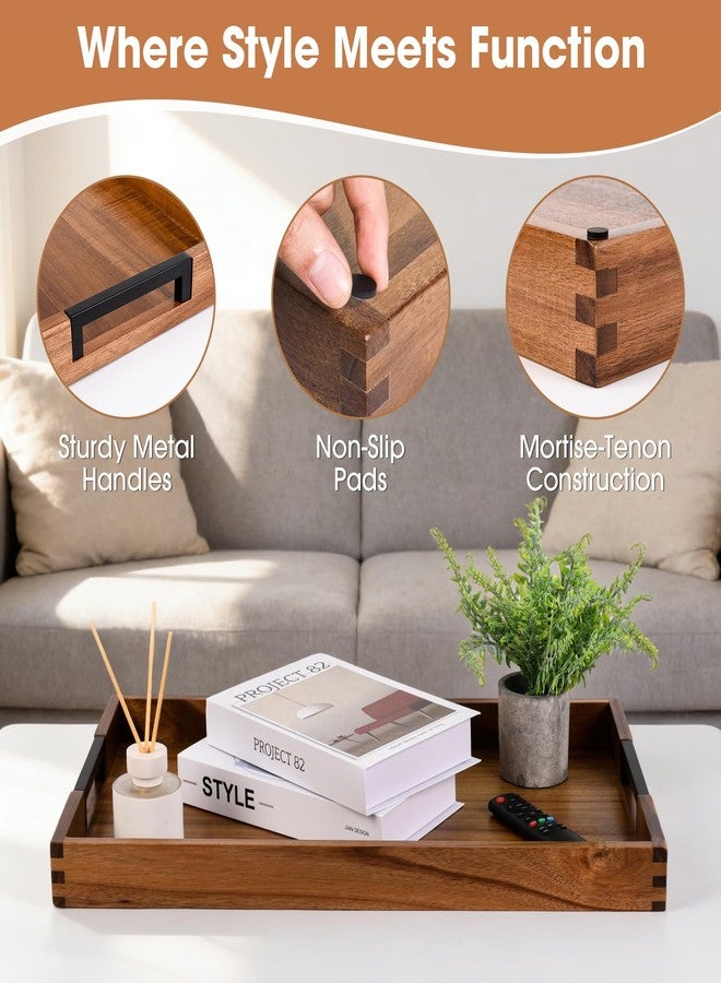 Joy&Grace Large Ottoman Tray for Living Room and Coffee Table, Decorative Acacia Wood Serving Tray with Metal Handles for Breakfast in Bed, Dinner Food Kitchen TV (Natural, 24" x 15" x 2") - Image 3