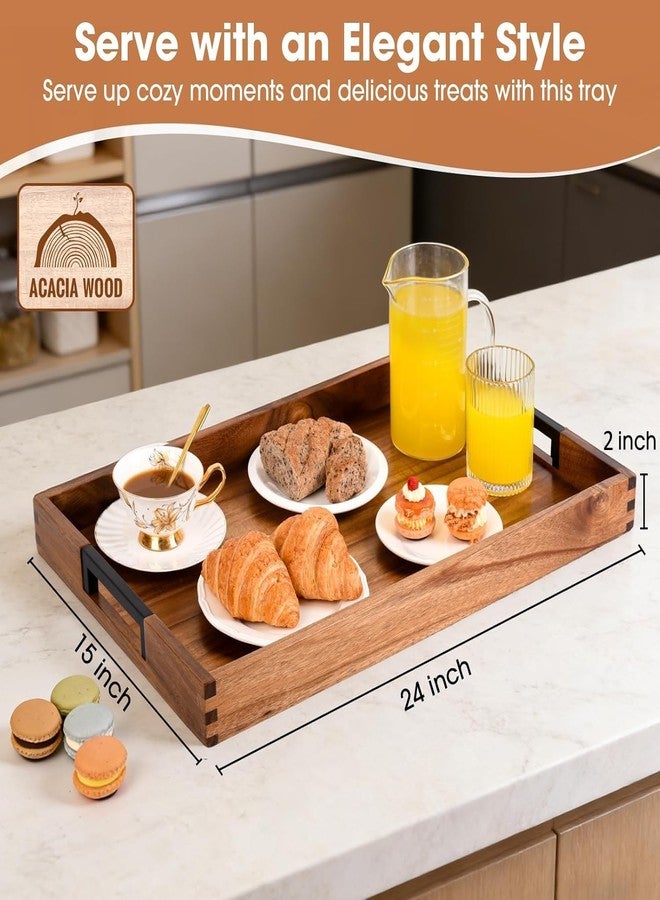 Joy&Grace Large Ottoman Tray for Living Room and Coffee Table, Decorative Acacia Wood Serving Tray with Metal Handles for Breakfast in Bed, Dinner Food Kitchen TV (Natural, 24" x 15" x 2") - Image 2