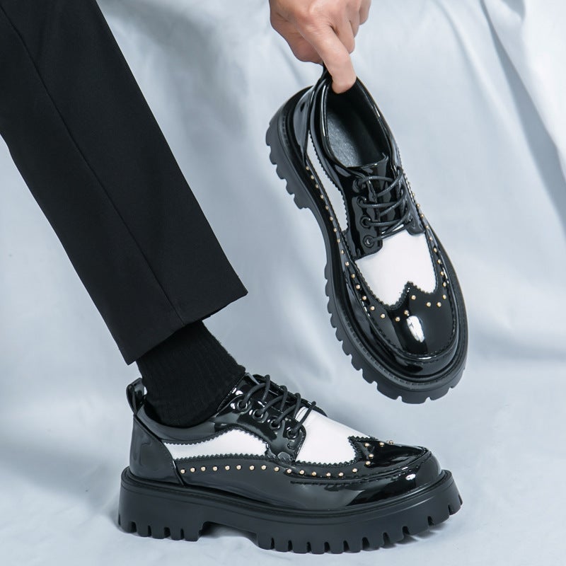 Fashion Men's Lace Up Oxfords with Studs, Thick Sole, Height Increasing, Black and White - Image 1
