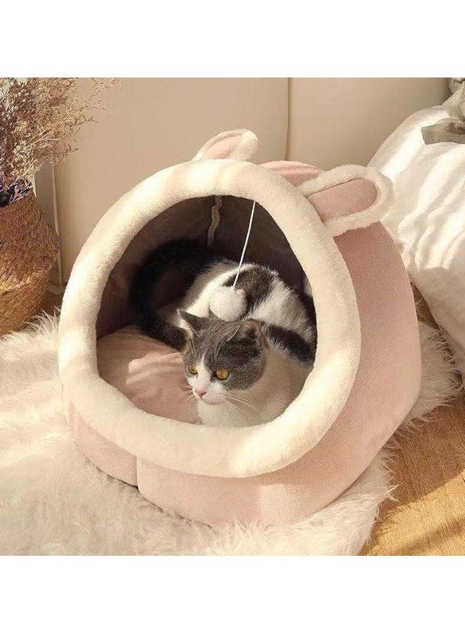 Cat Bed Semi-Enclosed for Indoor, Portable Cat Cave Bed with Plush Ball and Anti-Slip Bottom, Washable Pet Bed for Medium-sized Cats and Small Dogs (Pink, Large) - Image 2