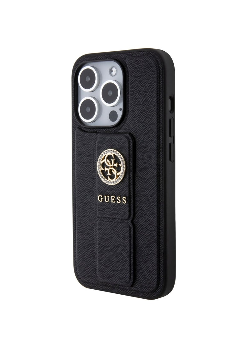 GUESS iPhone 15 Pro Case Grip stand Saffiano with 4G Strass Metal Logo / Damage and Scratch Protection - Black  - Image 3