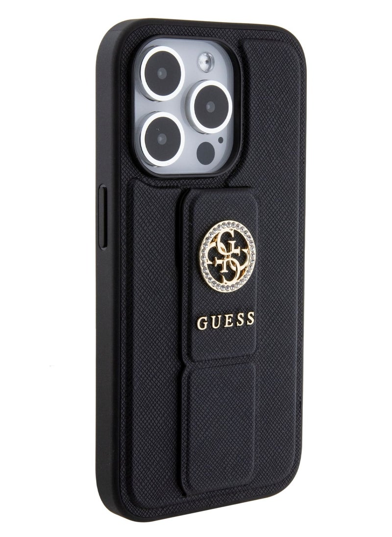 GUESS iPhone 15 Pro Case Grip stand Saffiano with 4G Strass Metal Logo / Damage and Scratch Protection - Black  - Image 2