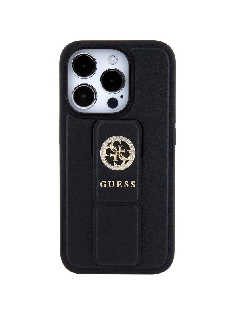 GUESS iPhone 15 Pro Case Grip stand Saffiano with 4G Strass Metal Logo / Damage and Scratch Protection - Black  - Image 1