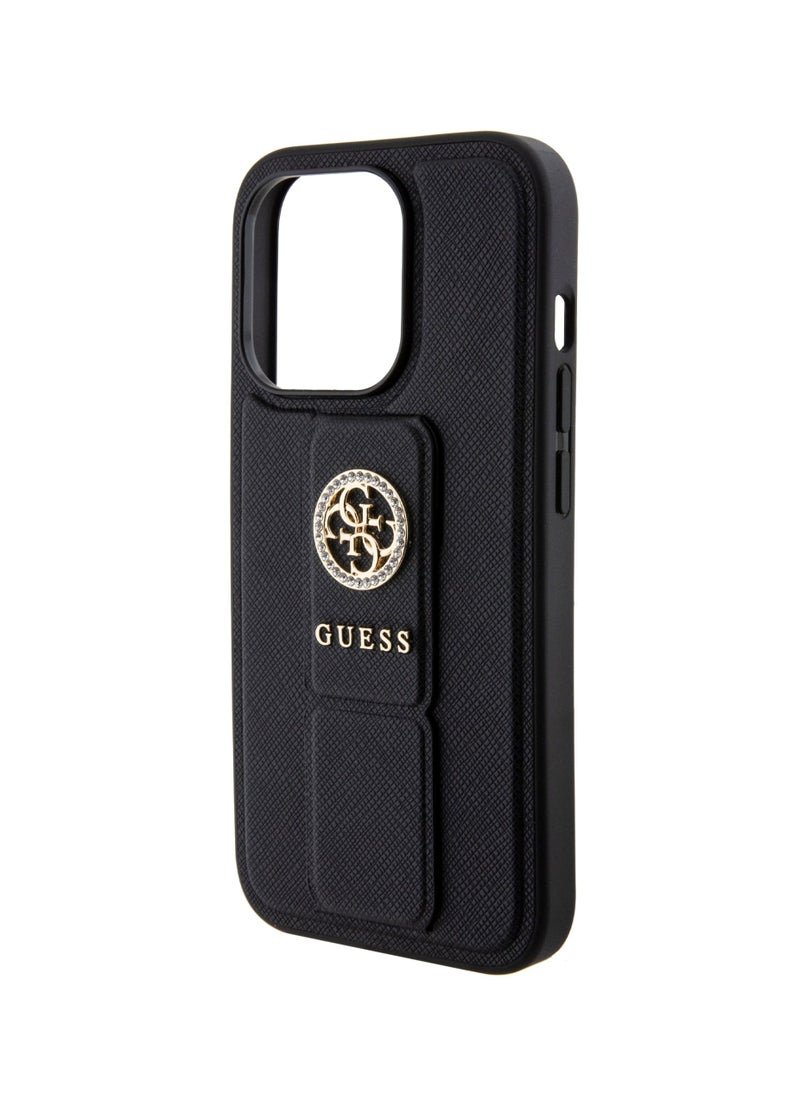 GUESS iPhone 15 Pro Case Grip stand Saffiano with 4G Strass Metal Logo / Damage and Scratch Protection - Black  - Image 4