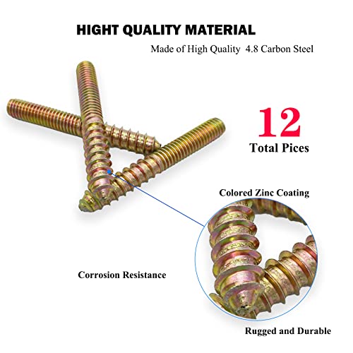 Yoliko 12 Pack 3/8-16 x 3 Inch Hanger Bolts 3/8-16" Double Headed Bolts 3/8 Wood Dowel Screw Self-Tapping Screw Hanger Bolts for Furniture Double Head Threaded Rods Bolt 75mm Length - Image 2