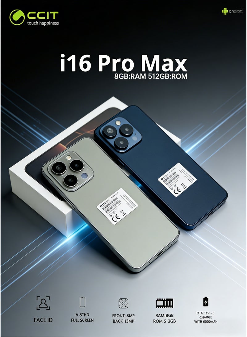 CCIT i16 Pro Max 5G Smartphone - 8GB RAM, 512GB ROM, 6.8" HD Screen, 6000mAh Battery - Deep Blue - Image 4