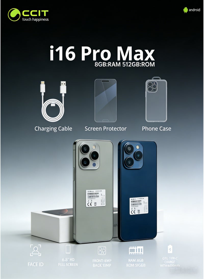 CCIT i16 Pro Max 5G Smartphone - 8GB RAM, 512GB ROM, 6.8" HD Screen, 6000mAh Battery - Deep Blue - Image 5