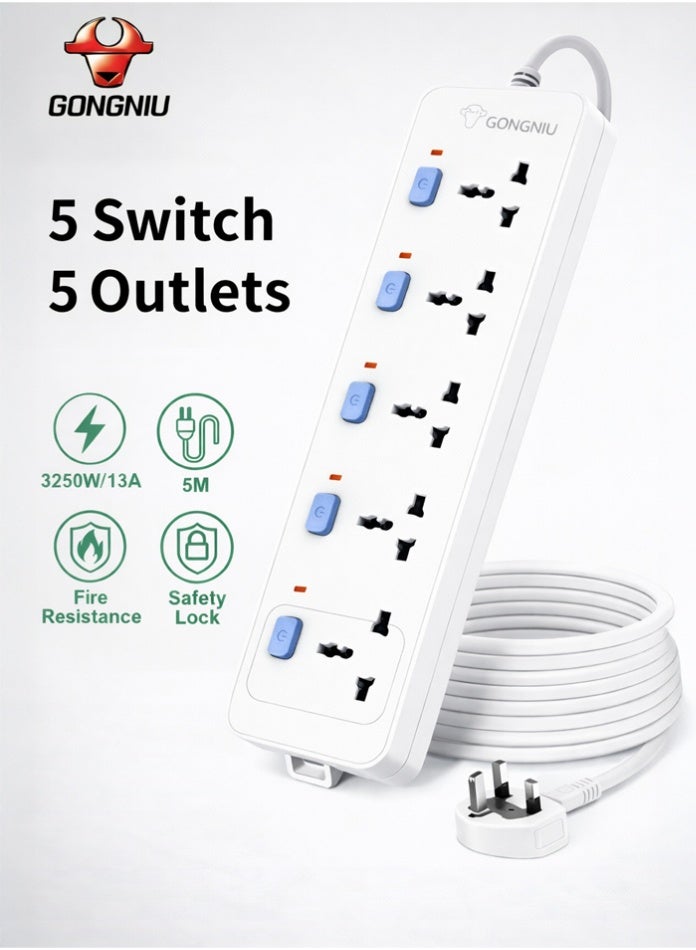 غونغنيو سلك تمديد كهربائي متعدد المنافذ بطول 5 أمتار، مزود بخمسة منافذ عالمية مع مفاتيح تشغيل فردية، وفتحات للتعليق، مناسب للاستخدام المنزلي والمكتبي. - Image 1