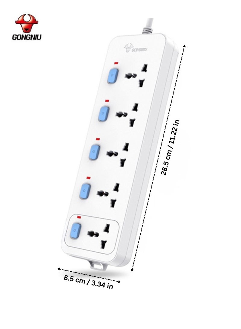 غونغنيو سلك تمديد كهربائي متعدد المنافذ بطول 5 أمتار، مزود بخمسة منافذ عالمية مع مفاتيح تشغيل فردية، وفتحات للتعليق، مناسب للاستخدام المنزلي والمكتبي. - Image 2