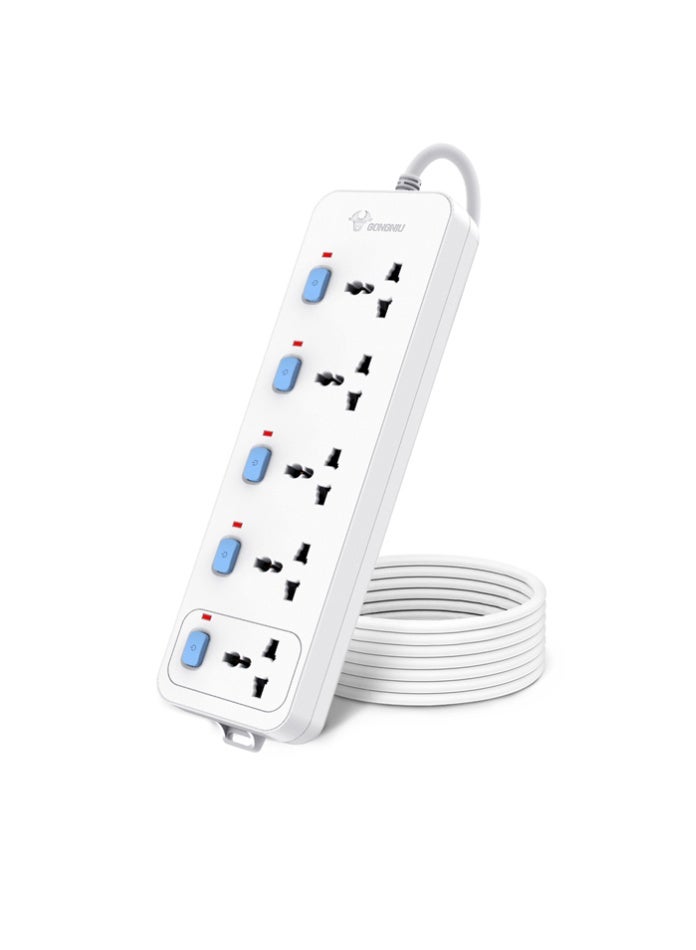 غونغنيو سلك تمديد كهربائي متعدد المنافذ بطول 5 أمتار، مزود بخمسة منافذ عالمية مع مفاتيح تشغيل فردية، وفتحات للتعليق، مناسب للاستخدام المنزلي والمكتبي. - Image 5