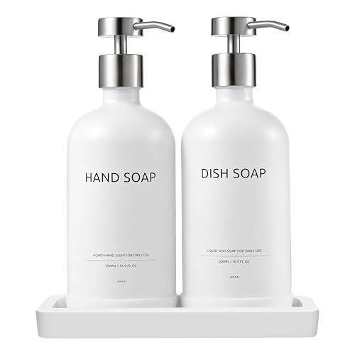 Janxin Glass Kitchen Soap Dispenser Set with Ceramic Tray,16.9 floz Hand and Dish Soap Dispenser for Kitchen and Bathroom Decor,White and Silver Kitchen Accessories(White Bottles + Silver Pumps) - Image 1