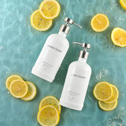 Janxin Glass Kitchen Soap Dispenser Set with Ceramic Tray,16.9 floz Hand and Dish Soap Dispenser for Kitchen and Bathroom Decor,White and Silver Kitchen Accessories(White Bottles + Silver Pumps) - Image 4