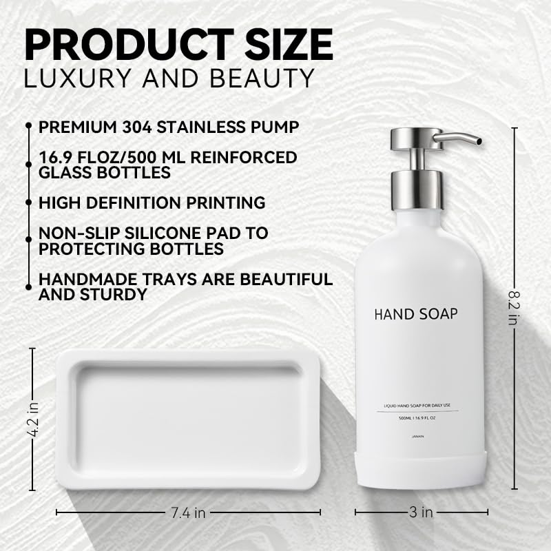 Janxin Glass Kitchen Soap Dispenser Set with Ceramic Tray,16.9 floz Hand and Dish Soap Dispenser for Kitchen and Bathroom Decor,White and Silver Kitchen Accessories(White Bottles + Silver Pumps) - Image 2