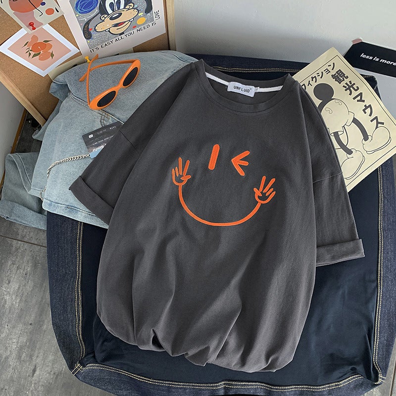 New Short-sleeved T-shirt Men's Summer Korean-style Fashionable Smiley Half-sleeved T-shirt Hong Kong-style Round Neck Fashionable Brand Top - Image 3