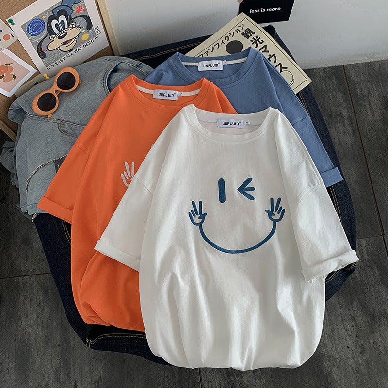 New Short-sleeved T-shirt Men's Summer Korean-style Fashionable Smiley Half-sleeved T-shirt Hong Kong-style Round Neck Fashionable Brand Top - Image 2