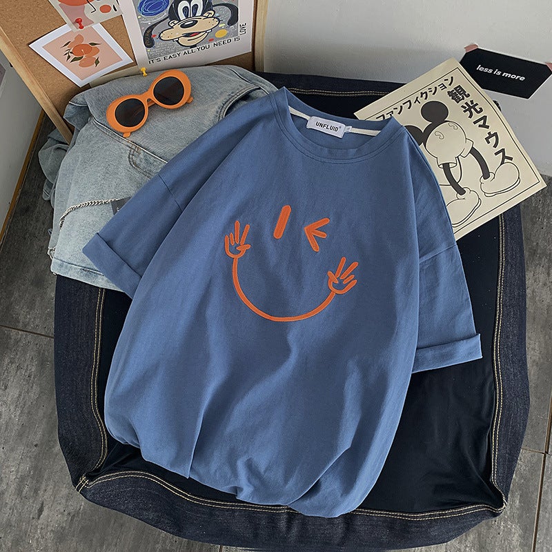 New Short-sleeved T-shirt Men's Summer Korean-style Fashionable Smiley Half-sleeved T-shirt Hong Kong-style Round Neck Fashionable Brand Top - Image 1