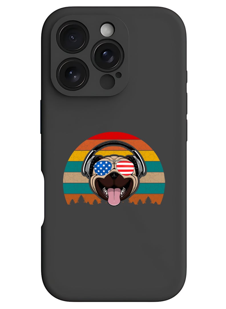 Theodor iPhone 16 Pro Max Black Protective Slim Fit Case Liquid Silicone Cover with Full Body Protection Anti-Scratch Shockproof Case For iPhone - pug with headphones - Image 1