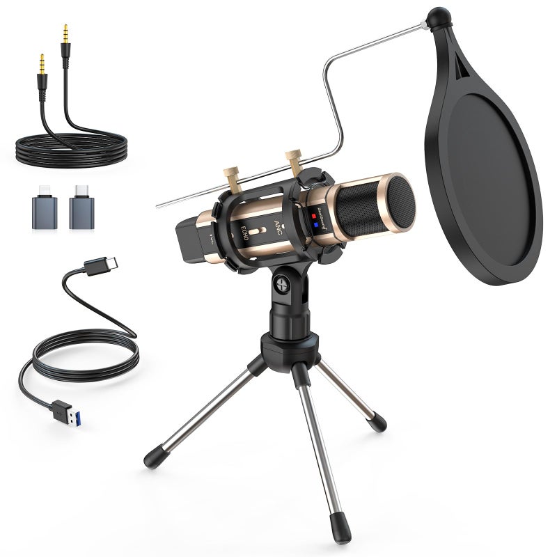 ZealSound Studio Recording Microphone, Condenser Broadcast Microphone w/Stand Built-in Sound Card Echo Recording Karaoke Singing for Phone Computer PC Garageband Smule Live Stream & YouTube (Gold) - Image 1