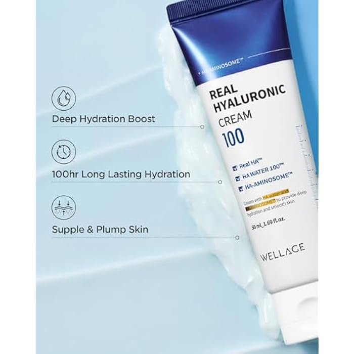 WELLAGE Real Hyaluronic Cream 100, Pure Hyaluronic Acid Korean Face Moisturizer with Ceramide Panthenol Squalane Vitamin B5 Niacinamide - Hydrating face moisturizer, Hypoallergenic, 2.7oz. - Image 4