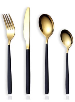 KASTWAVE Flatware Cutlery Set, Royal 4 Piece Matte Black Gold Stainless Steel Tableware Sets for 1 Including Forks Spoons Knives, Camping Silverware Travel Utensils Set Cutlery  - Image 1