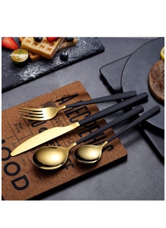 KASTWAVE Flatware Cutlery Set, Royal 4 Piece Matte Black Gold Stainless Steel Tableware Sets for 1 Including Forks Spoons Knives, Camping Silverware Travel Utensils Set Cutlery  - Image 2