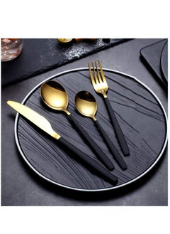 KASTWAVE Flatware Cutlery Set, Royal 4 Piece Matte Black Gold Stainless Steel Tableware Sets for 1 Including Forks Spoons Knives, Camping Silverware Travel Utensils Set Cutlery  - Image 3