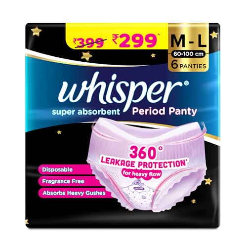 Whisper Super Absorbent Period Panty, 6 M-L Pants, 360 Degree Leakage Protection* for Heavy Flow, Panty like Fit, Full back Coverage, Absorbs Heavy Gushes, Silky Soft, Comfortable Feel - Image 1