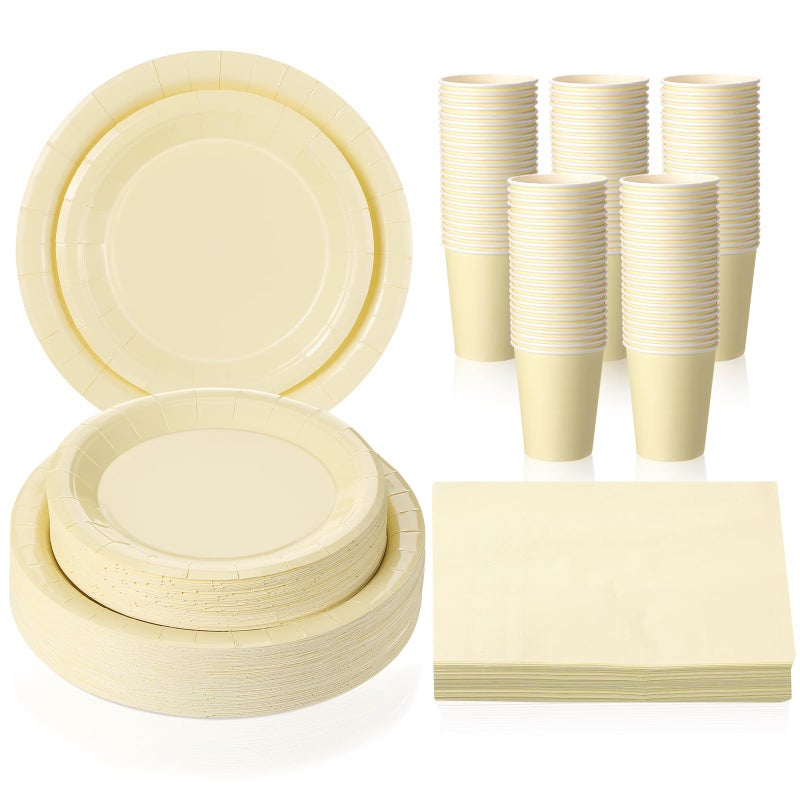 Tioncy 200 Pcs Yellow Disposable Paper Plates Cups and Napkins Party Supplies Serve 50 Guests Disposable Paper Dinnerware Set for Birthday Wedding Baby Shower Family Picnic - Image 1