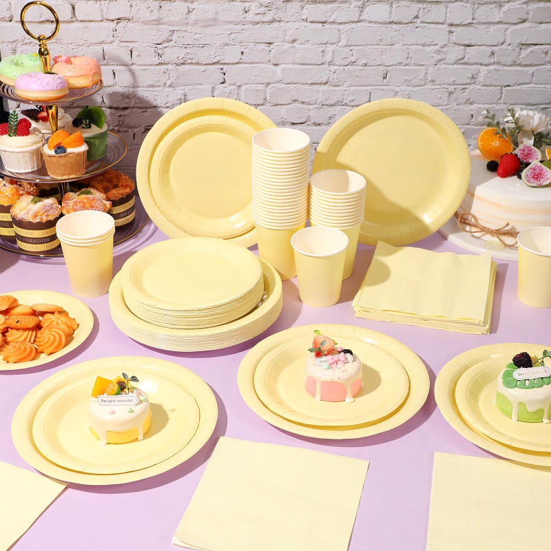 Tioncy 200 Pcs Yellow Disposable Paper Plates Cups and Napkins Party Supplies Serve 50 Guests Disposable Paper Dinnerware Set for Birthday Wedding Baby Shower Family Picnic - Image 5