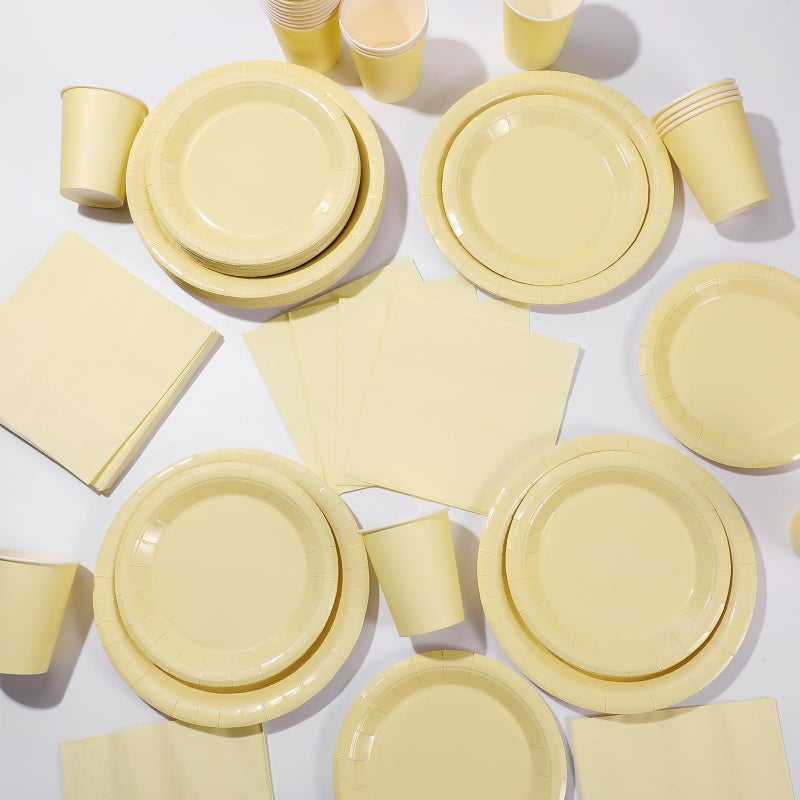 Tioncy 200 Pcs Yellow Disposable Paper Plates Cups and Napkins Party Supplies Serve 50 Guests Disposable Paper Dinnerware Set for Birthday Wedding Baby Shower Family Picnic - Image 4