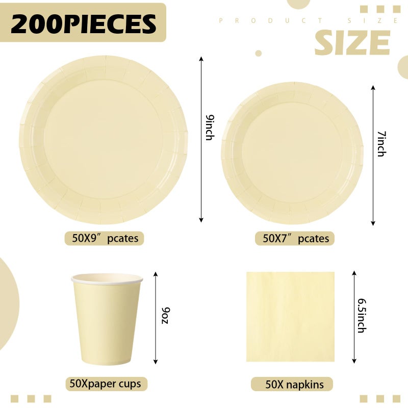 Tioncy 200 Pcs Yellow Disposable Paper Plates Cups and Napkins Party Supplies Serve 50 Guests Disposable Paper Dinnerware Set for Birthday Wedding Baby Shower Family Picnic - Image 2