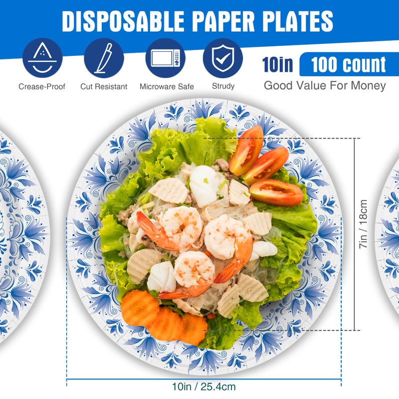 Charmount Large Paper Plates  100pcs Disposable  Blue Flower Printed  Soak & Cut Proof for Parties & Daily Use - Image 2
